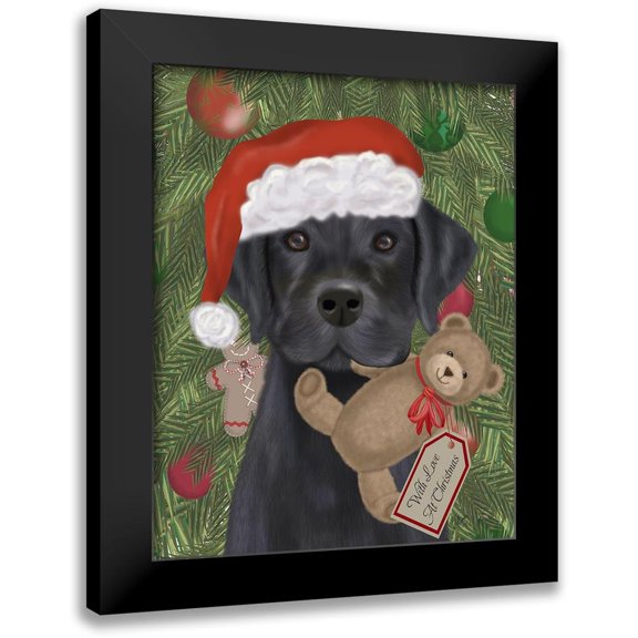 Fab Funky 12x14 Black Modern Framed Museum Art Print Titled - Christmas Black Labrador and Teddy