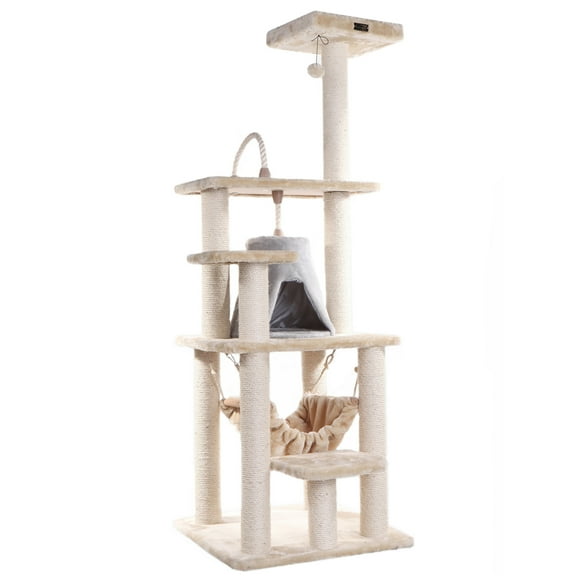 Cat Tree Tower with Hammock - Multi-Level Kitty Condo, Scratching Posts, Soft Faux Fur - 65" Tall