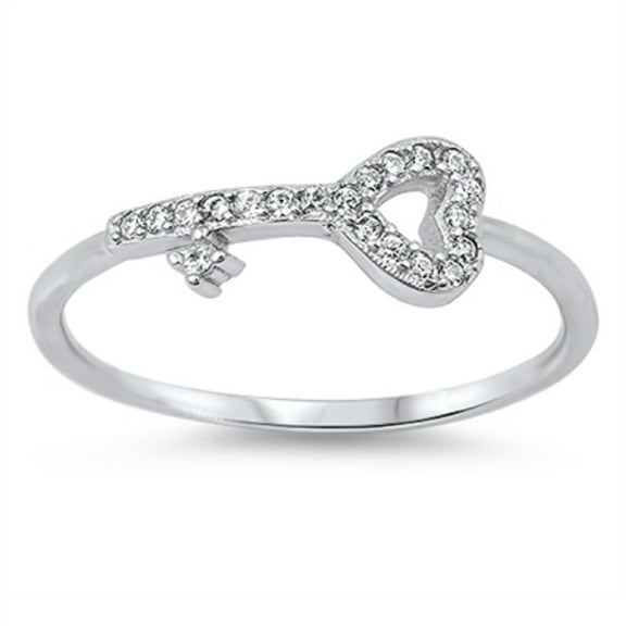 Sideway Heart Key Cubic Zirconia Ring Sterling Silver 925
