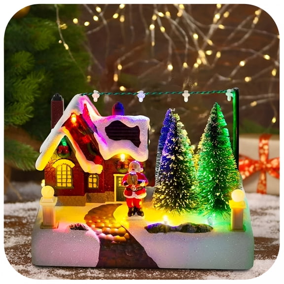 ACDANC Light-Up Christmas Village House with Santa,Trees & Snow –Christmas Houses Village Holiday Collectible Building Scene for Indoor Winter Display & Party Decor