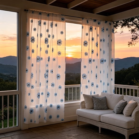 Rod Pocket Sunflower Printed Sheer Curtain,Light Filtering Semi Sheer Voile Drape,for Bedroom,Living Room,Patio,Porch Decor