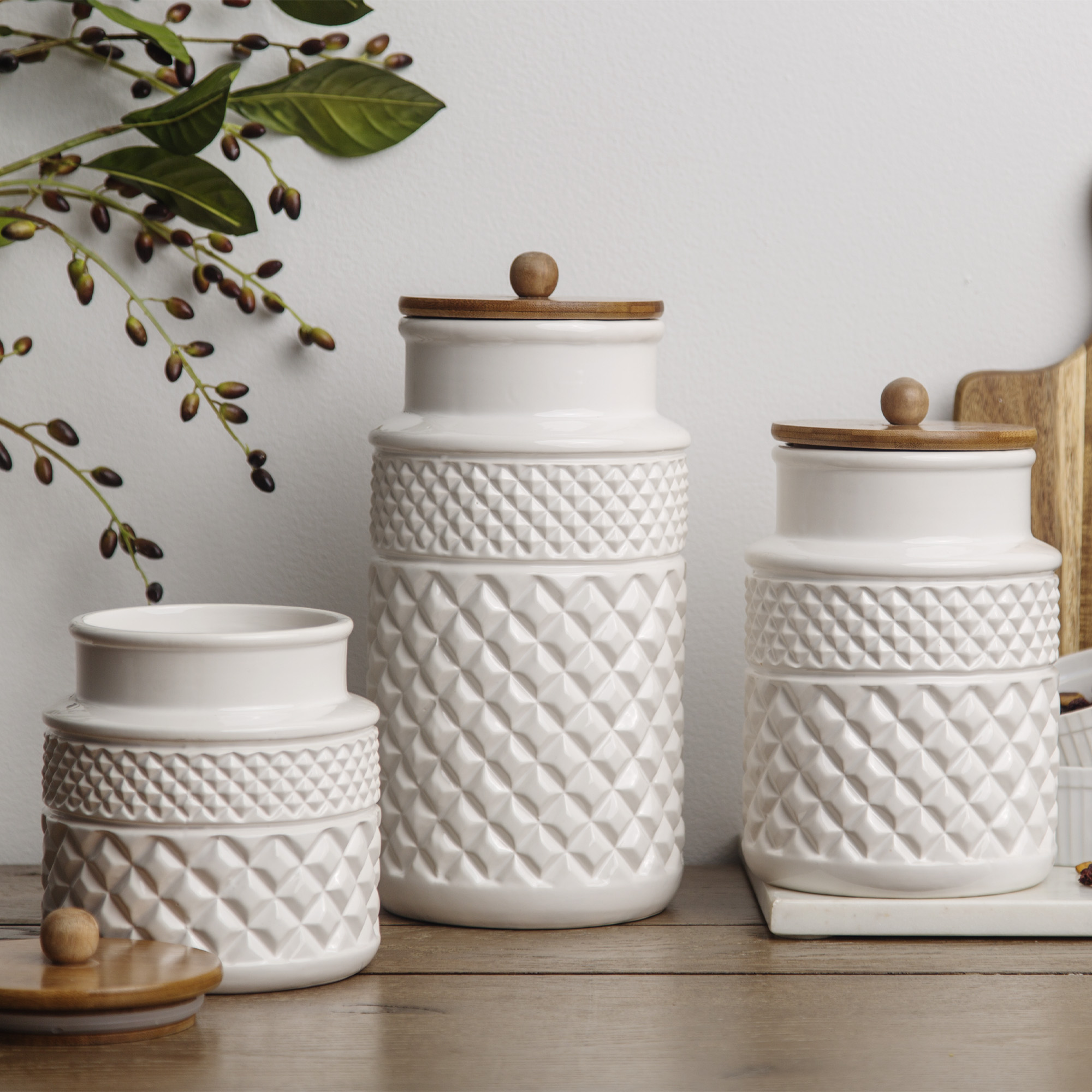 Set of 3 White Canisters with Wooden Lid 3 Round Ceramic Jars Bamboo Covers with Rubber Sealed Gasket For Food Storage, Kitchen Decor