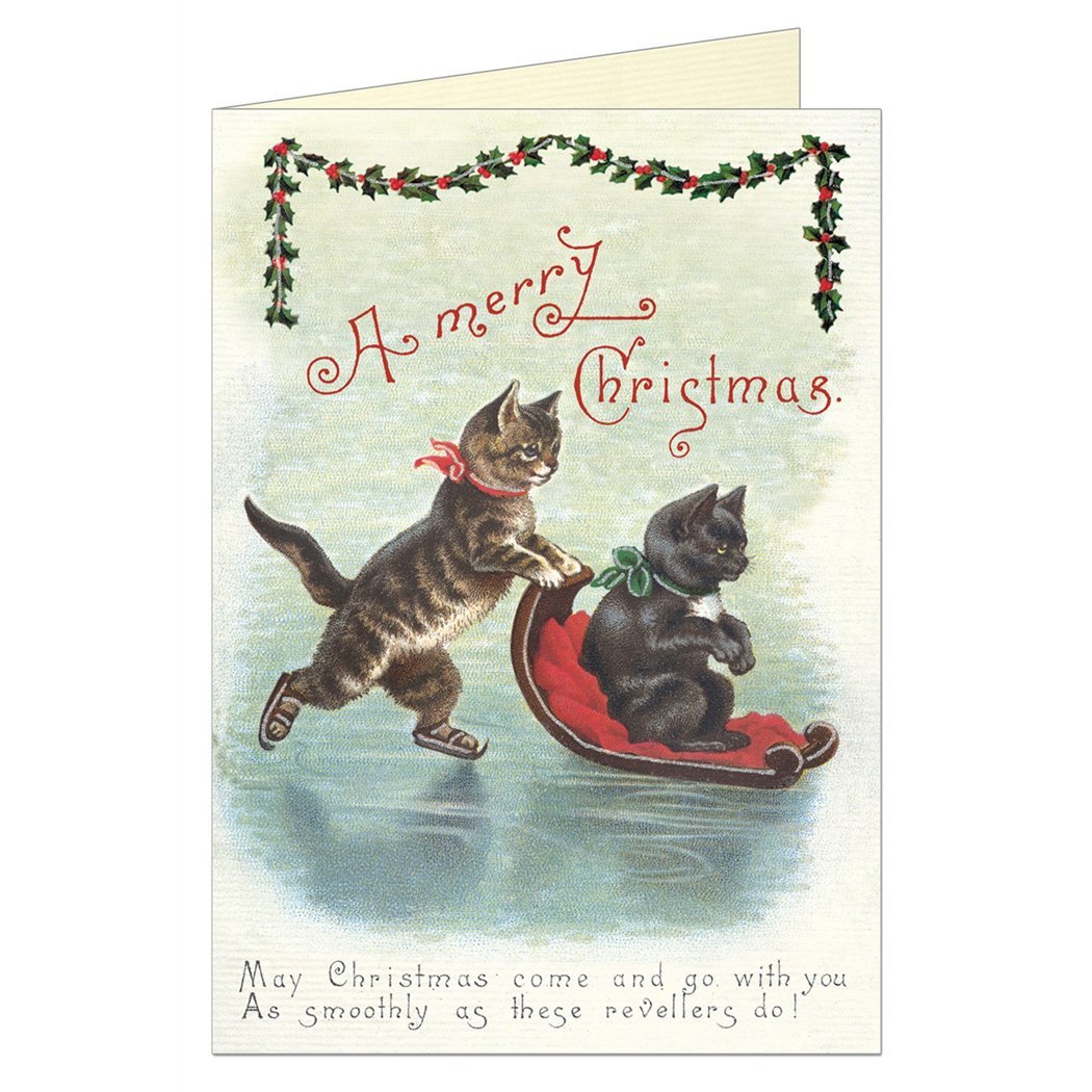 Cavallini &amp; Co Cats Christmas Greeting Card, Vintage inspired Christmas