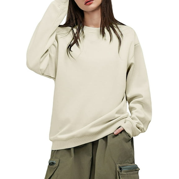 VISALY Pullover Crewneck Sweatshirt Tunic Sweatshirt Oversized Sweatshirts Hoodies Crewneck Sweaters Casual Tops Comfy Fall 2025 Casual Sweaters Winter Sweatshirts Fashion Sweatshirt Beige L