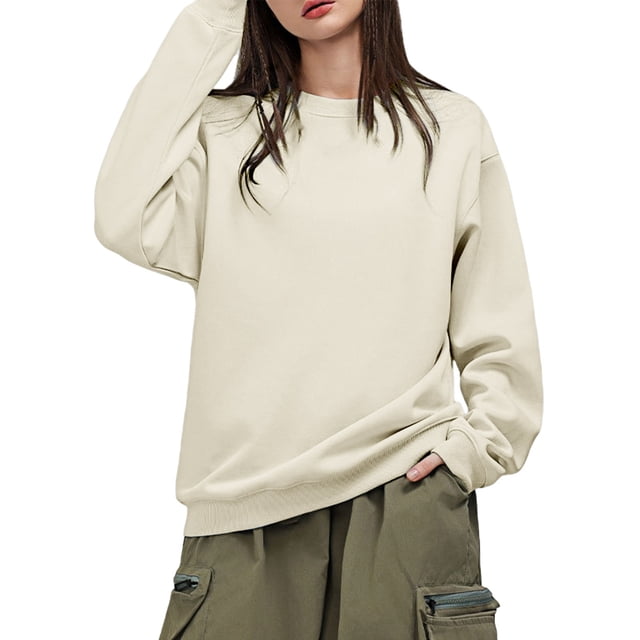 WTXUE Chandail Col Rond Chandail en Molleton Tunique Chandail en Molleton Surdimensionné Chandails en Molleton à Capuche Col Rond Pulls Décontractés Hauts Confortables Automne 2025 Pulls Décontractés Chandails en Molleton d'Hiver Mode Chandail en Molleton Beige P