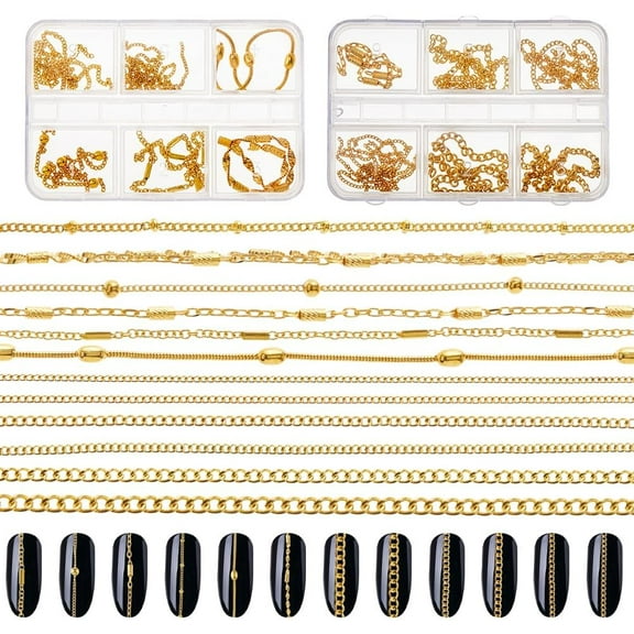 12Pcs 2 Styles Nail Chains Metal Nail Art Chain 3D Golden Chains Alloy Nail Art Decorations Accessories Punk Nail Studs Charms for DIY Nails Making Women Men
