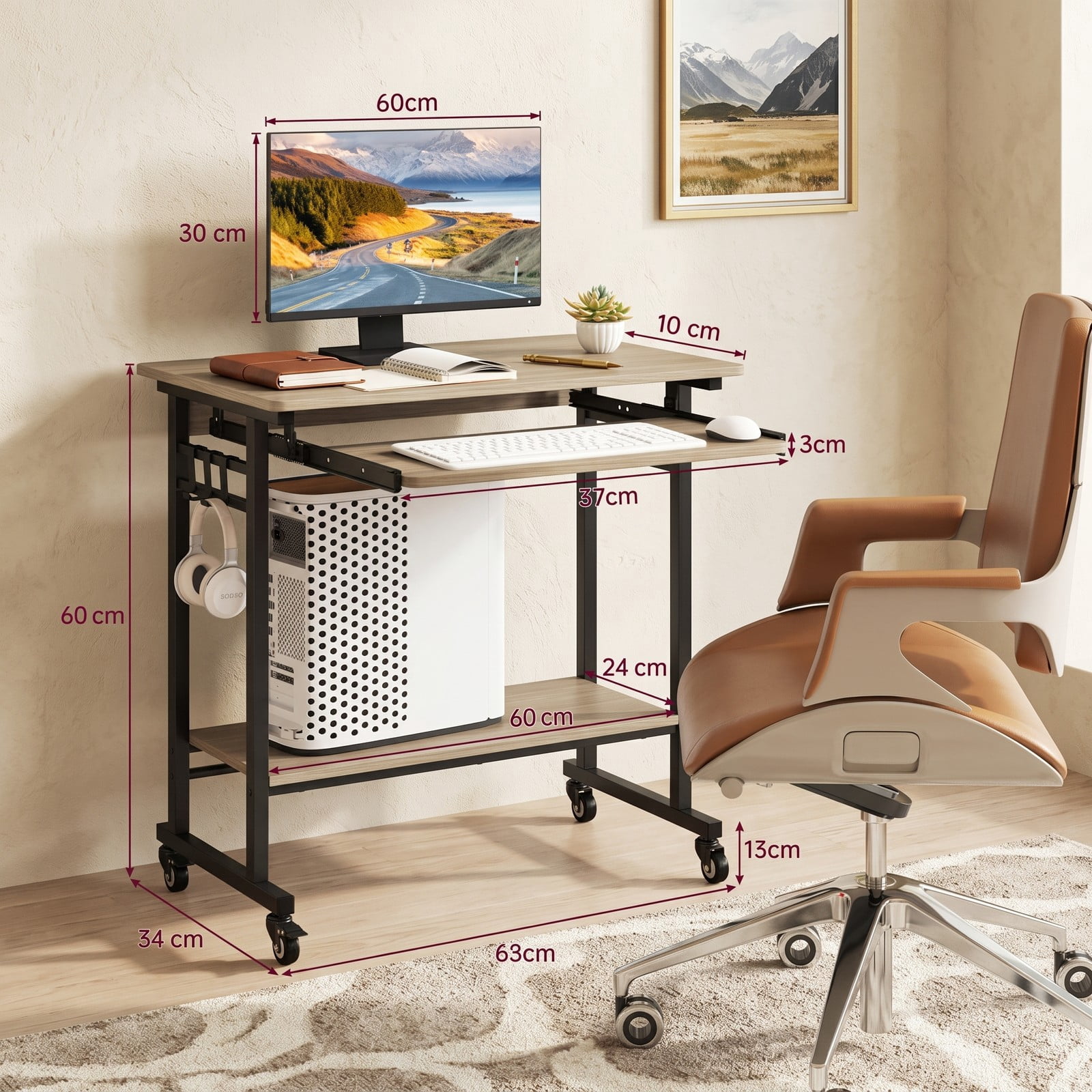 Furnibear Rolling Laptop Table Mobile Computer Desk Cart with Pull-out Keyboard Tray, 3 Hooks, Bottom Storage Shelf and Locking Wheels for Home Office, Grey