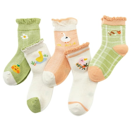 

rygai 5 Pairs Breathable Mesh Wear-resistant Thin Baby Socks Cartoon Print Mid-Tube Girls Ankle Socks for Indoor Green