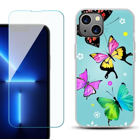 OneToughShield ® for iPhone 15 Fashion Phone Case, with Tempered Glass Screen Protector - Butterfly