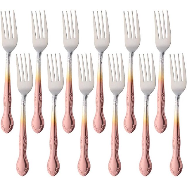 Stainless Steel Kitchen Dinner Forks 12-Piece Dinner Fork Set 7.3-inch Stainless Steel Forks Classic Flatware Silverware Sets Cutlery Utensils Dinnerware with Flower Edge -Gradient Rose Gold