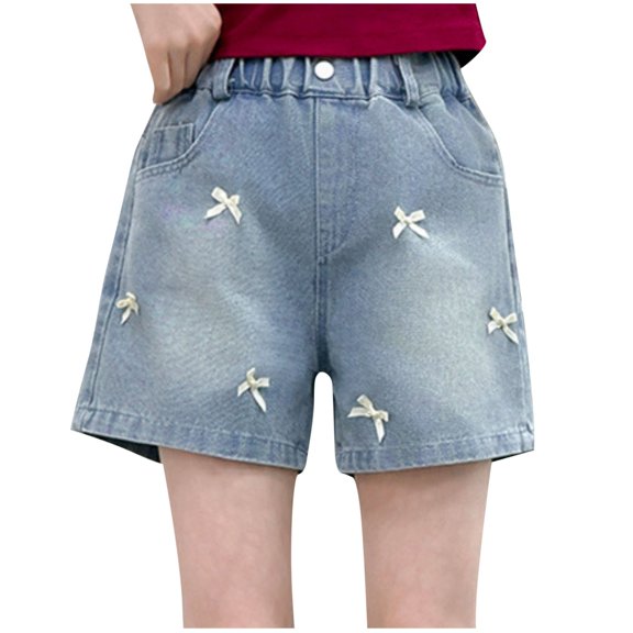 Hrsba Girls Denim Shorts Solid Color Lace Detail Lightweight Denim Fabric Casual Outdoor Wear Soft Comfy Summer Jean Shorts For Teens