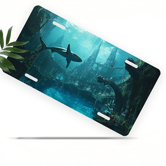 License Plate, Underwater City Decorative Front,Personalized Stainless Steel License Plate Cover For Men Women,12.2" X 6.2"