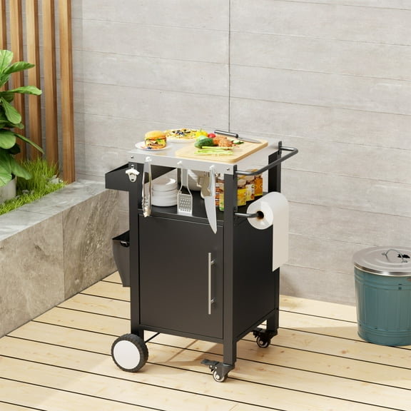 Outdoor Grill Cart with Storage and Wheels,Heavy Duty Stainless Steel BBQ Rolling Cart,Door Cabinet,Spice Rack and Hooks,Portable Kitchen Island for Patio,Garden and Backyard Parties,Black and Silver