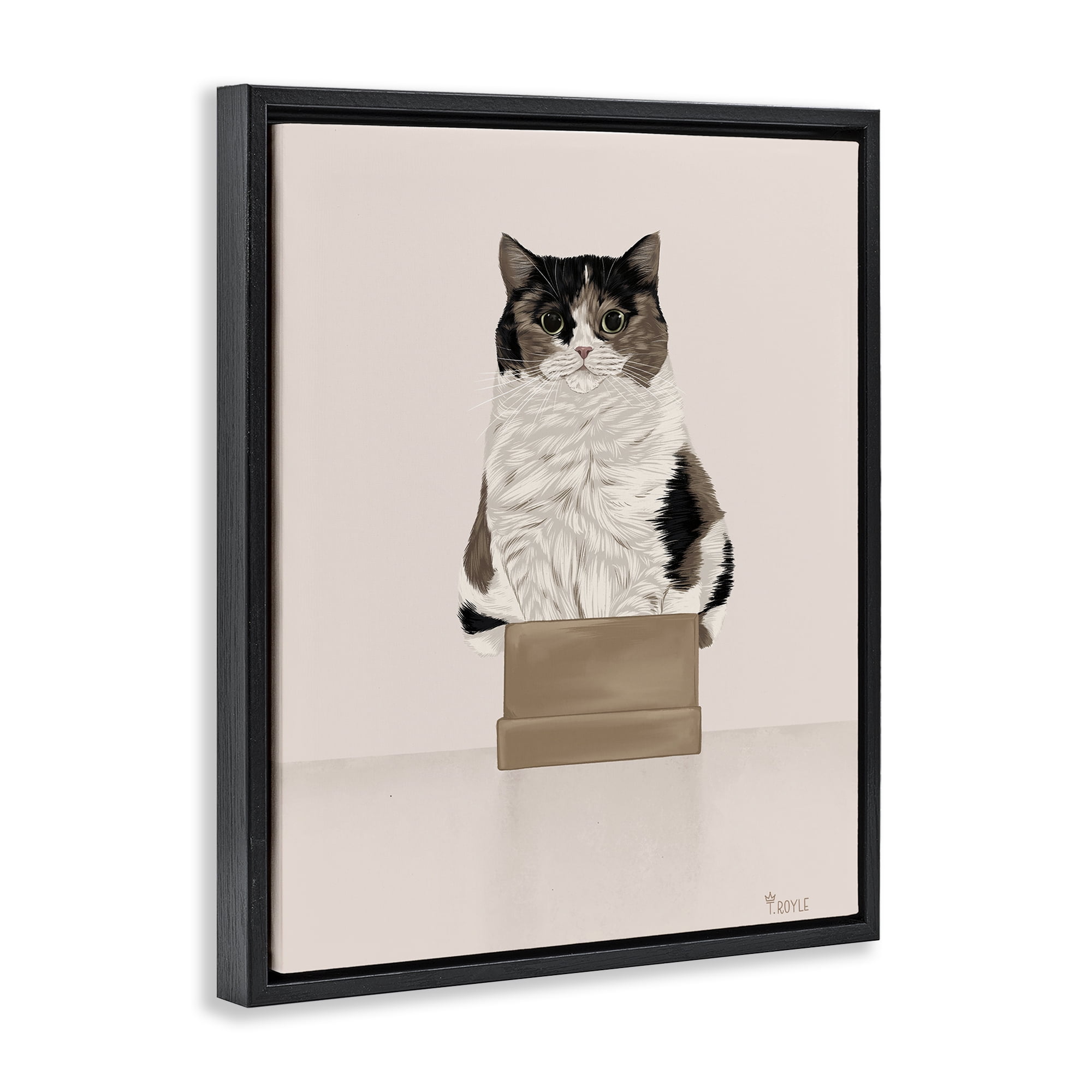 Stupell Industries Cat in Cardboard Box Animals & Insects Painting Black Floater Framed Canvas Art Print Wall Art, 17 x 21
