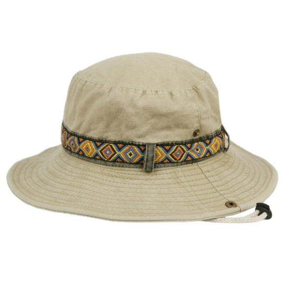 Washed Cotton Bucket Sun Hat With Bohemian Styled Trim Band