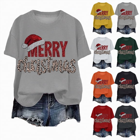 Towmus Womens Christmas Shirts Casual Crew Neck Short Sleeve Tops Red Santa Hat Print T-shirts