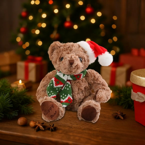 HaoXun Christmas Teddy Bear Doll with Red Santa Hat - Brown Polyester Plush Stuffed Animal Toy for Xmas Holiday Decoration, Home Party Supplies, Festive Gift Giving
