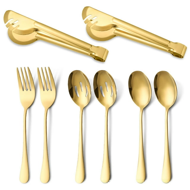 Ensemble d'Ustensiles de Service en Acier Inoxydable Premium 410 avec Cuillère Étanche, Pince à Steak, et Fourchette/cuillère Multi-Usage – Résistant à la Rouille, Design Élégant pour Repas Décontractés et Fins, Facile à Nettoyer (Or)