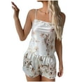 thumbnail image 2 of Aueoeo Silk Satin Pajamas For Women Set Sleepwear Cami Tops Shorts Pant Floral Printed 2 Piece Pjs White S, 2 of 4
