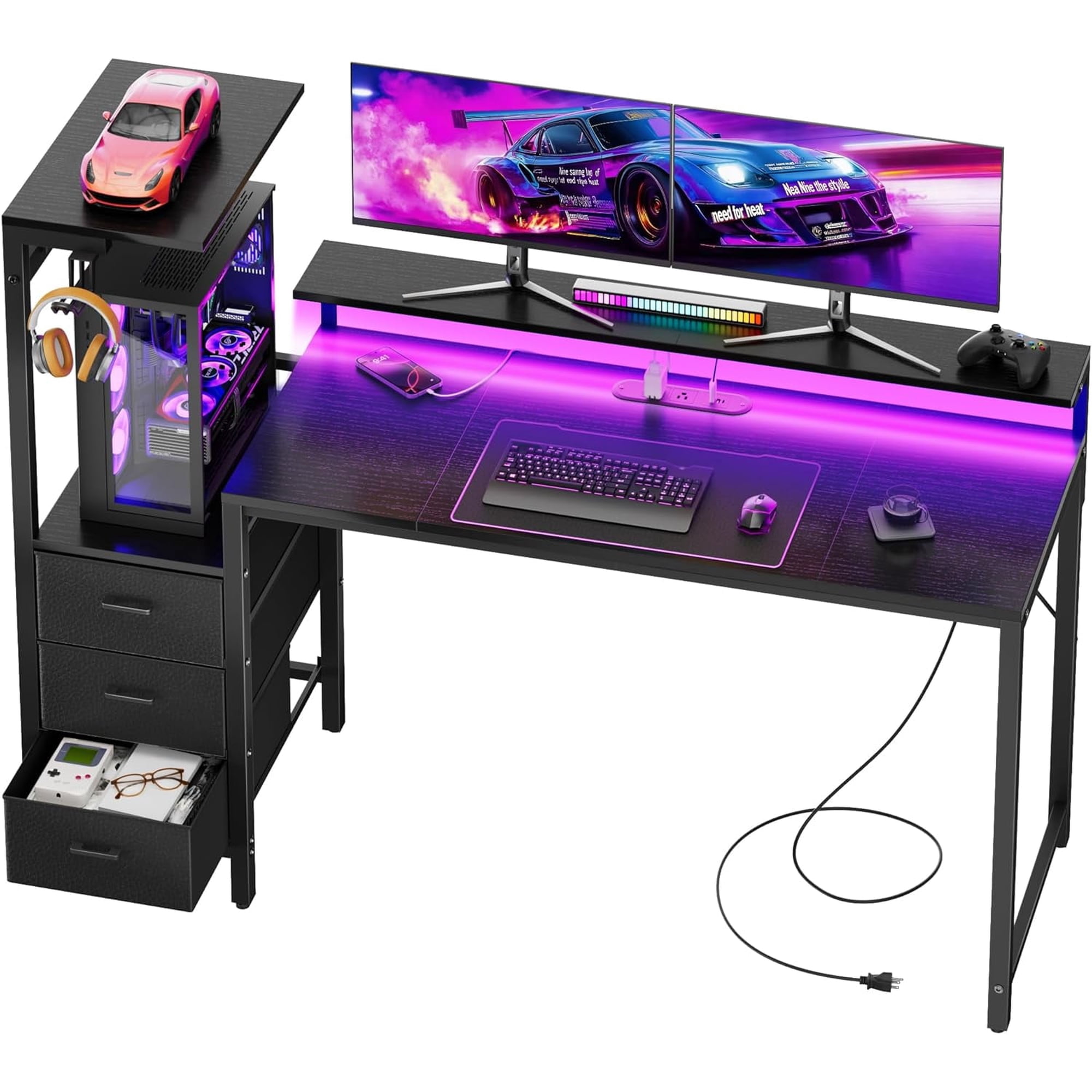 60 inch Gaming Desk with Led Lights & Outlets, Computer Desk with 3 Drawers & Shelves, Gamer Desk with Monitor Stand & Side Hooks for Game Room, Home Office, Black