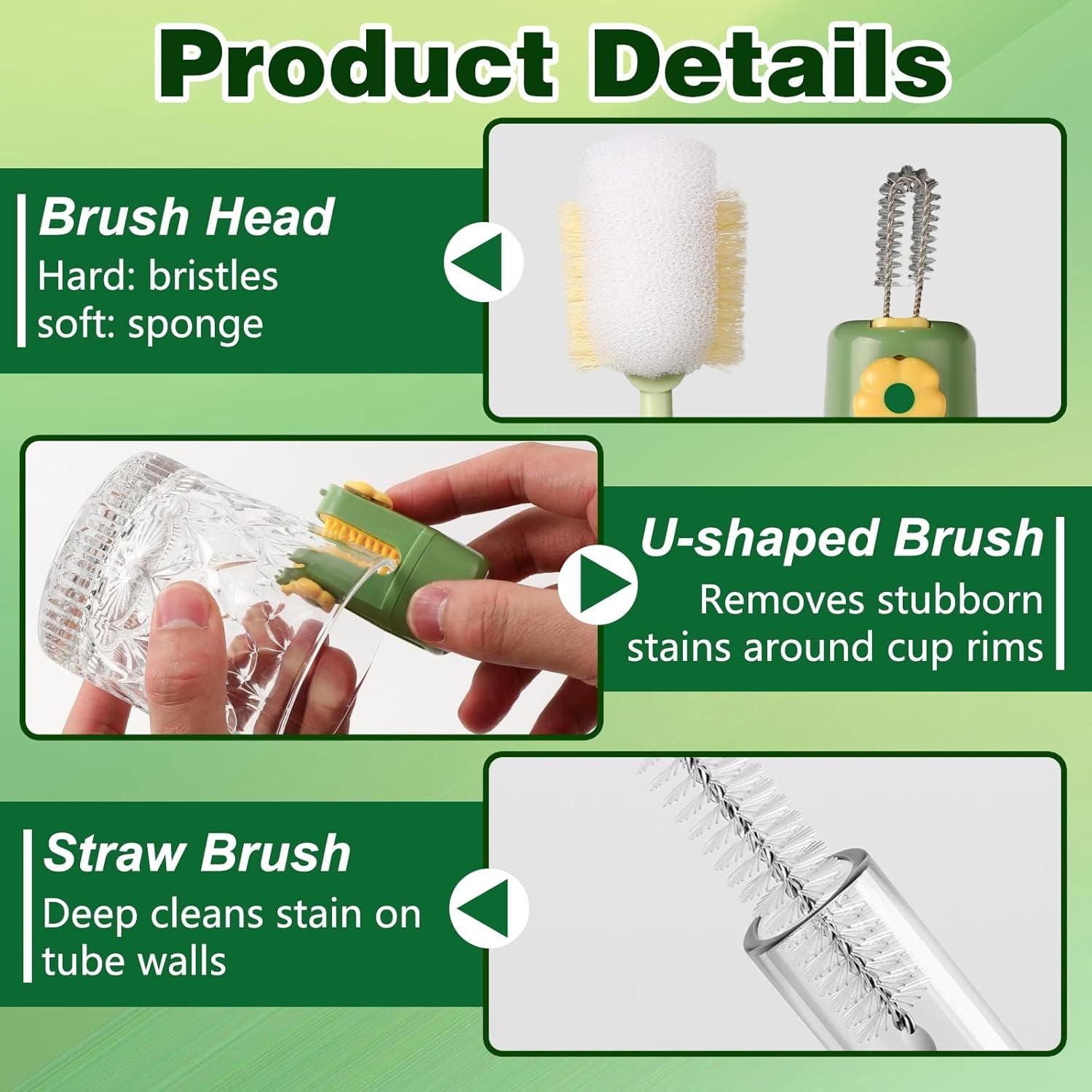 5 in 1 Bottle Cleaning Brush Set, 2026 New Multifunctional Water Bottles Cleaner Brushs, Detachable Portable Bottle and Cup Lid Cleaning Brush Tool, Straw, Lid, Gap & Cup Brushes (Green + White)
