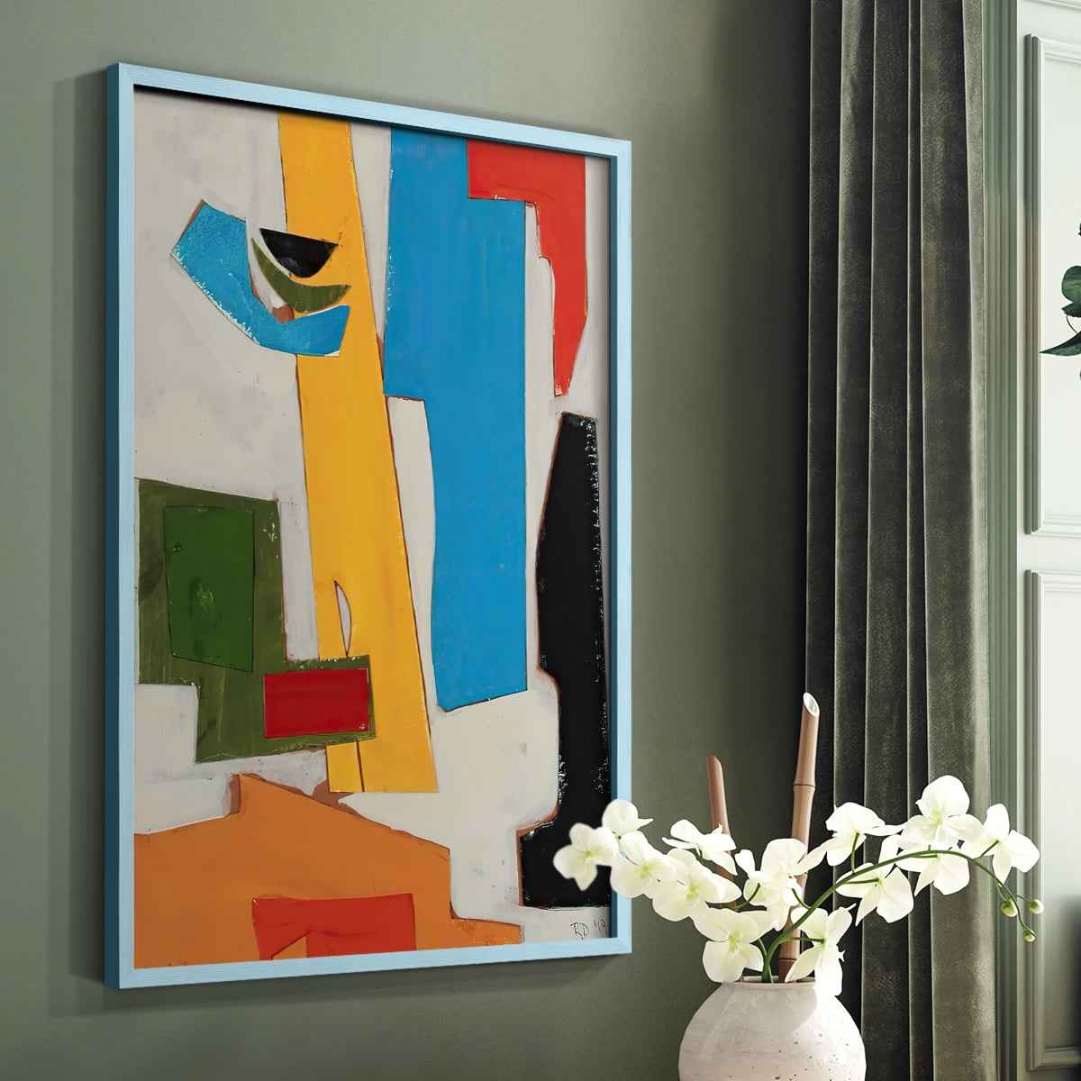 Andalusian Village Framed Print in Blue Solid Wood Framed Print No Nail Hanging