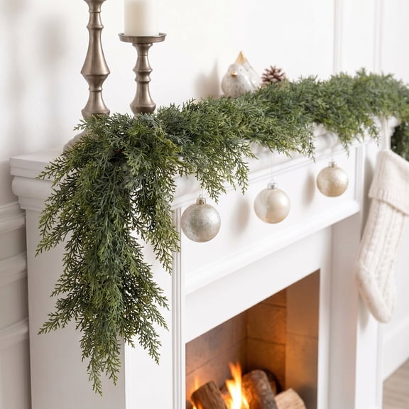 TETOU 1pc 6ft Christmas Cedar Garland,Artificial Realistic Cedar Pine Needles Greenery Garland for Christmas Holiday Winter Wall Mantle Fireplace Table  Indoor Decor