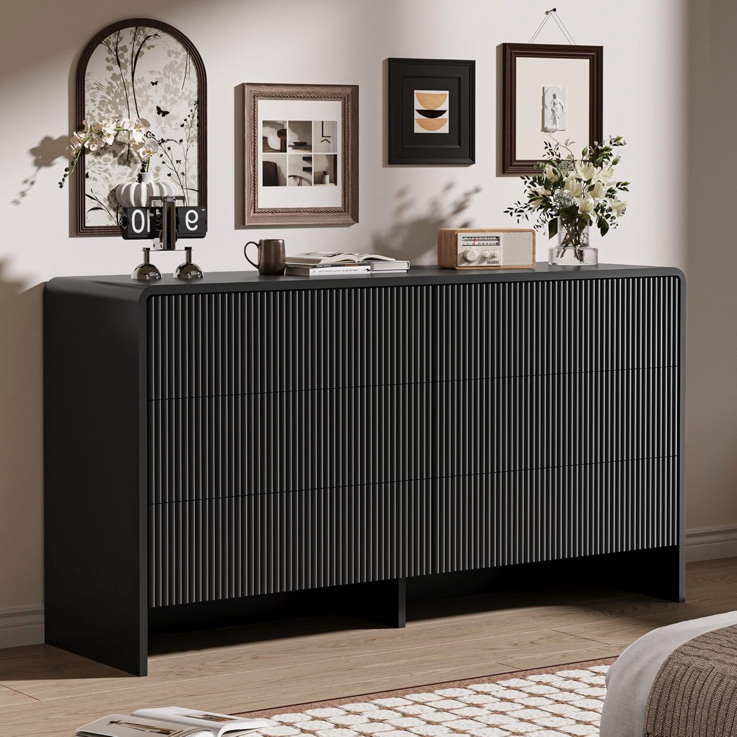 FURNIWAY Black 6 Drawer Dresser Push to Open Modern Curved Long Dresser for Bedroom Living Room Closet