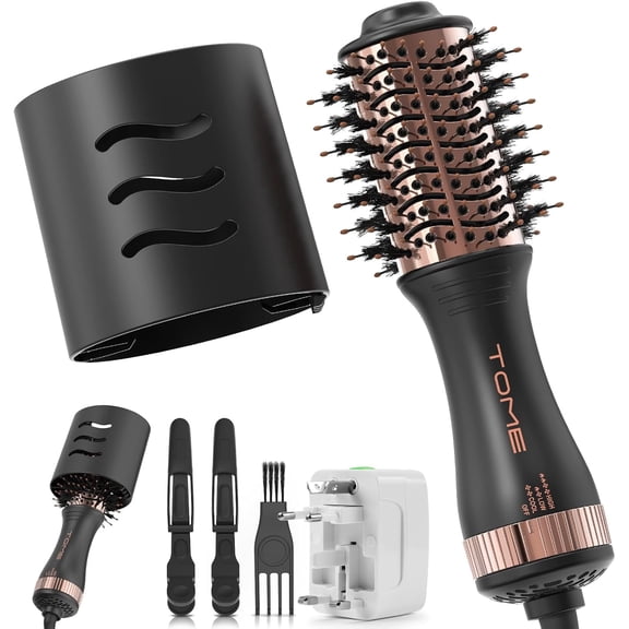 TOME Dual Voltage Blow Dryer Brush, 2 Inch Oval Travel Ceramic Hair Dryer Brush,600W Hot Air Volumizer & Straightener Brush,Black