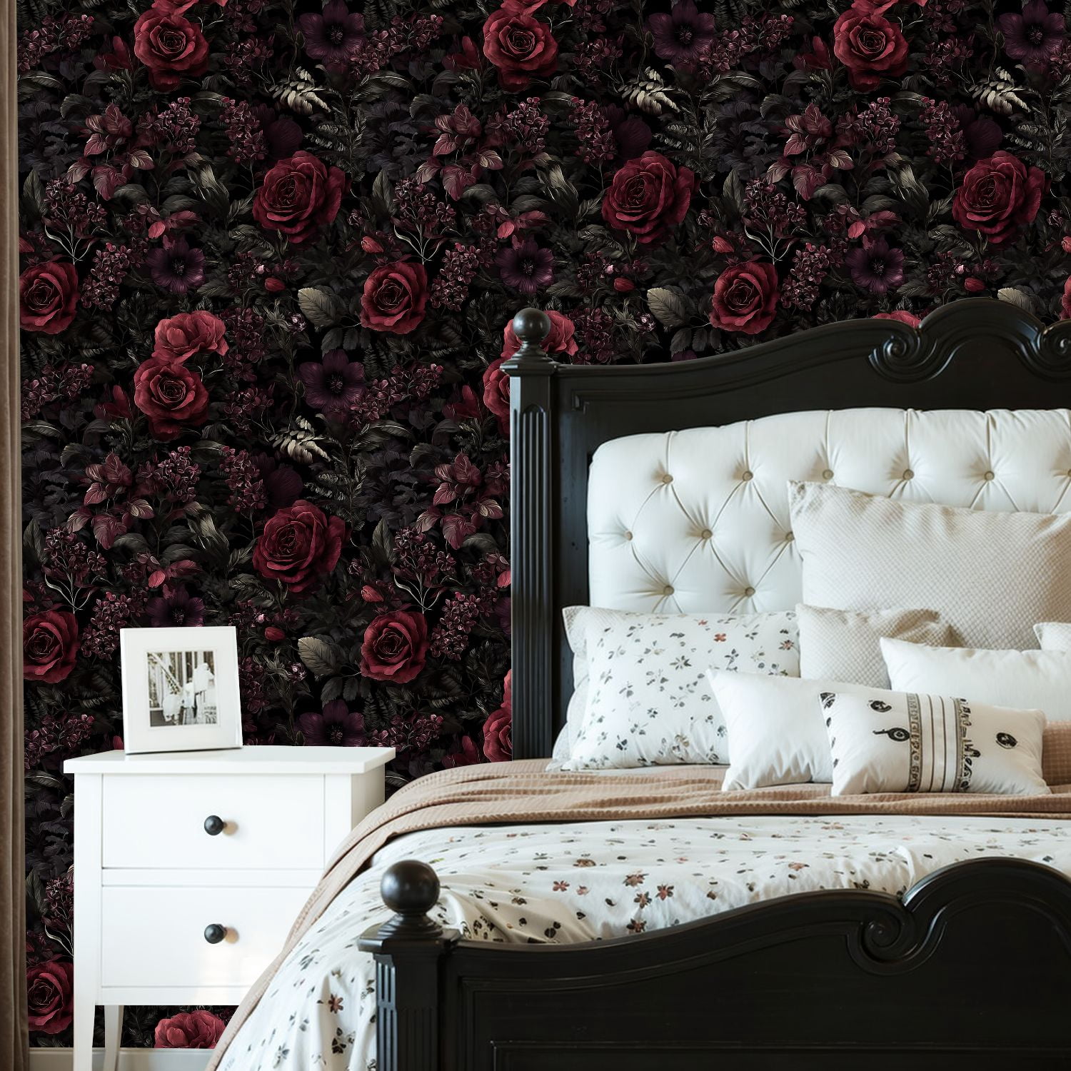Peel and Stick Wallpaper Deep Burgundy Roses Dark Floral Black Wall Mural 23.6in x 9.8ft Self Adhesive Removable Wall Paper Renter Friendly Wallpaper for Nursery Bedroom Cabinets