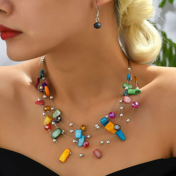 style Alloy & Shell Nuggets Beaded Multilayer Necklaces & Dangle Earrings sets Colorful 440mm