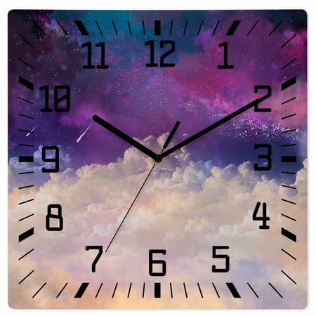 Night Sky Stars Wooden Wall Clock Silent Non Ticking, Shooting Star Cloud Galaxy Square Wall Clocks Battery Operated, Decor Clock for Home Office, Living Room, Kitchen, 12 Inch
