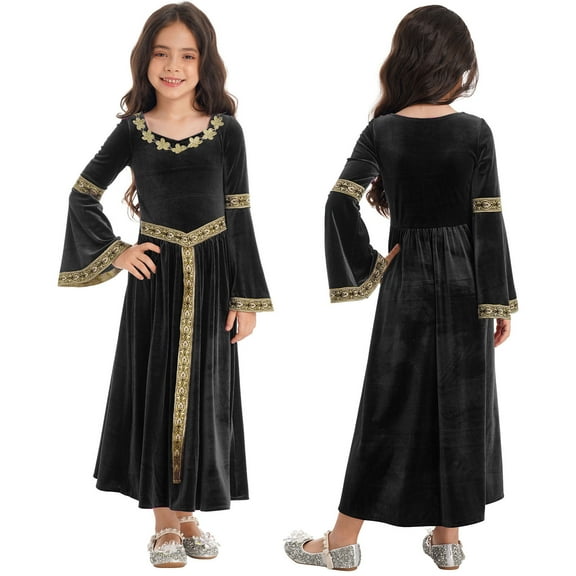 DPOIS Kids Girls Medieval Princess Dress Ball Gown Victorian Renaissance Vintage Dress Black 12
