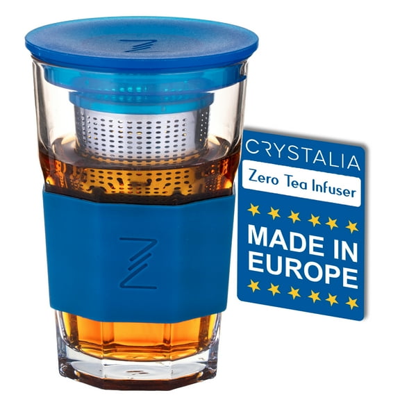 Crystalia Glass Hot Tea Infuser Mug, Travel Tumbler, Stainless Steel Infuser, Blue Silicone Sleeve, Clear Glass Iced Tea Steeper 14 Oz