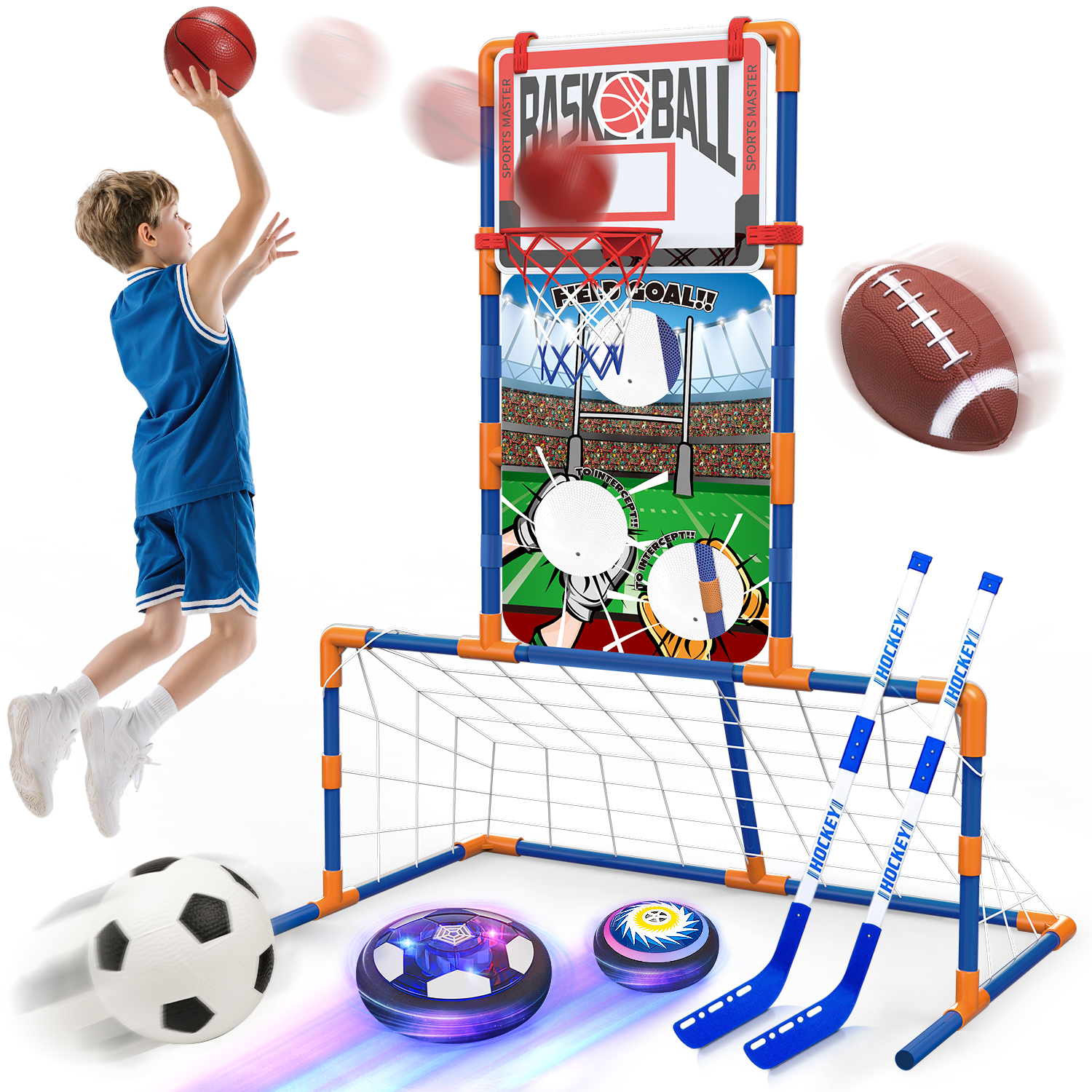 Huge Wave 5 in 1 Kids Basketball Hoop, Toddler Basketball Goal, Soccer Goal, Hover Ball, Bean Bag Toss and Hockey, Sport Indoor Outdoor Game Toys for Boys 3-8+