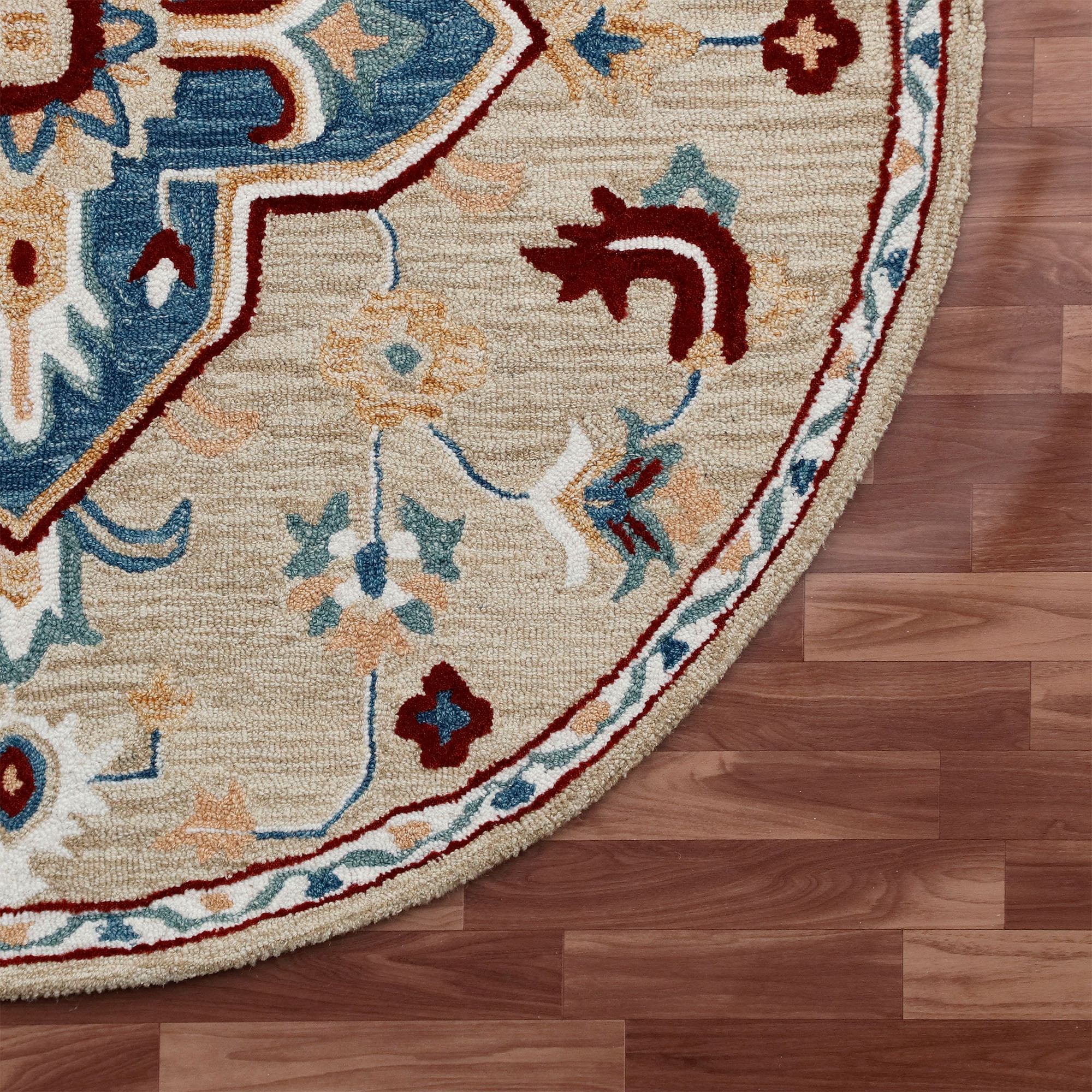 Elm & Oak Clio 7'3" Round Beige/Blue Medallion Handmade Wool Indoor Area Rug
