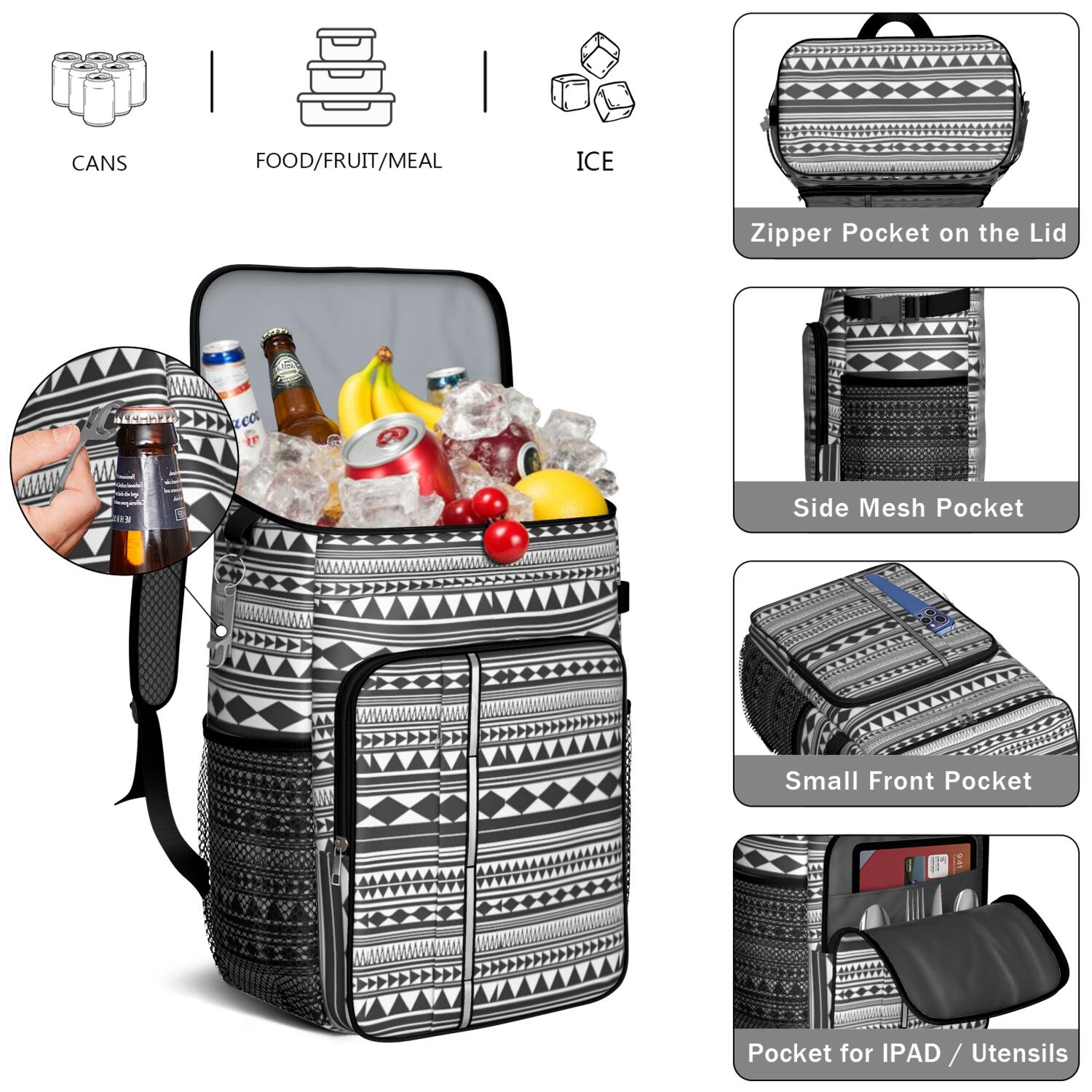Travel Cooler Bag - Boho Bohemia Pioneer Flower Geometric Line Art Camping Beer Cooler Backpack with Bottle Opener- Waterproof Insulated Picnic Backpacks - Cooler Bag for Beach