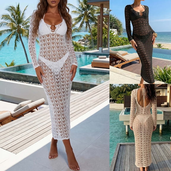 Qzwdhjm Crochet Swimsuits Cover Ups for Women Hollow Out Maxi Bodycon Dresses Long Sleeve Backless Knit Bathing Suits Coverups for Summer Resortwear