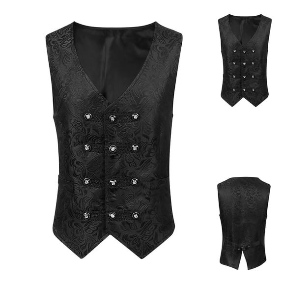 Men Victorian Suit Vest Black Steampunk Vest Waistcoat Three-Breasted Jacquard Gothic Renaissance Vest for Men Big and Tall Size M-3XL Black