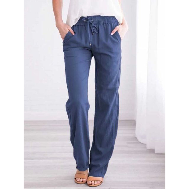 New solid color Spring And Summer Women's Cotton Linen Drawstring Loose Wide-Leg Pocket Pants Hot Sale Long Trousers