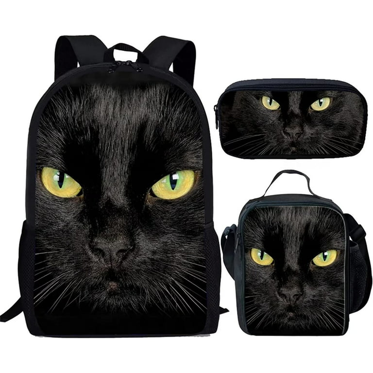 Black Cat Pattern School Backpack With Glitter Decoration, Lunch Bag And  Pencil Case 3pcs/set