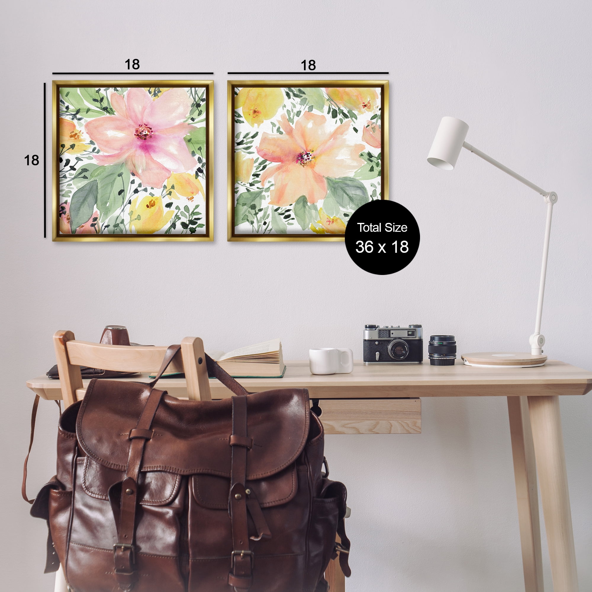 Stupell Industries Large Pink and Coral Bloom Plants & Flowers Painting Gold Floater Framed Canvas Art Print Wall Art, 18 x 18, Set of 2