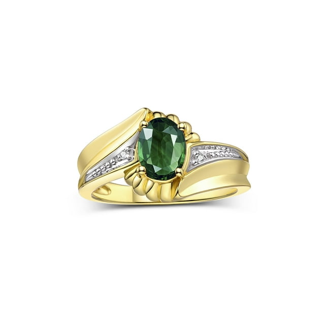 RYLOS Rings for Women 14K Gold Plated Silver Swirl Z Ring 7X5MM Oval Gemstone & Diamond Rings September Green Sapphire Jewelry Size 8