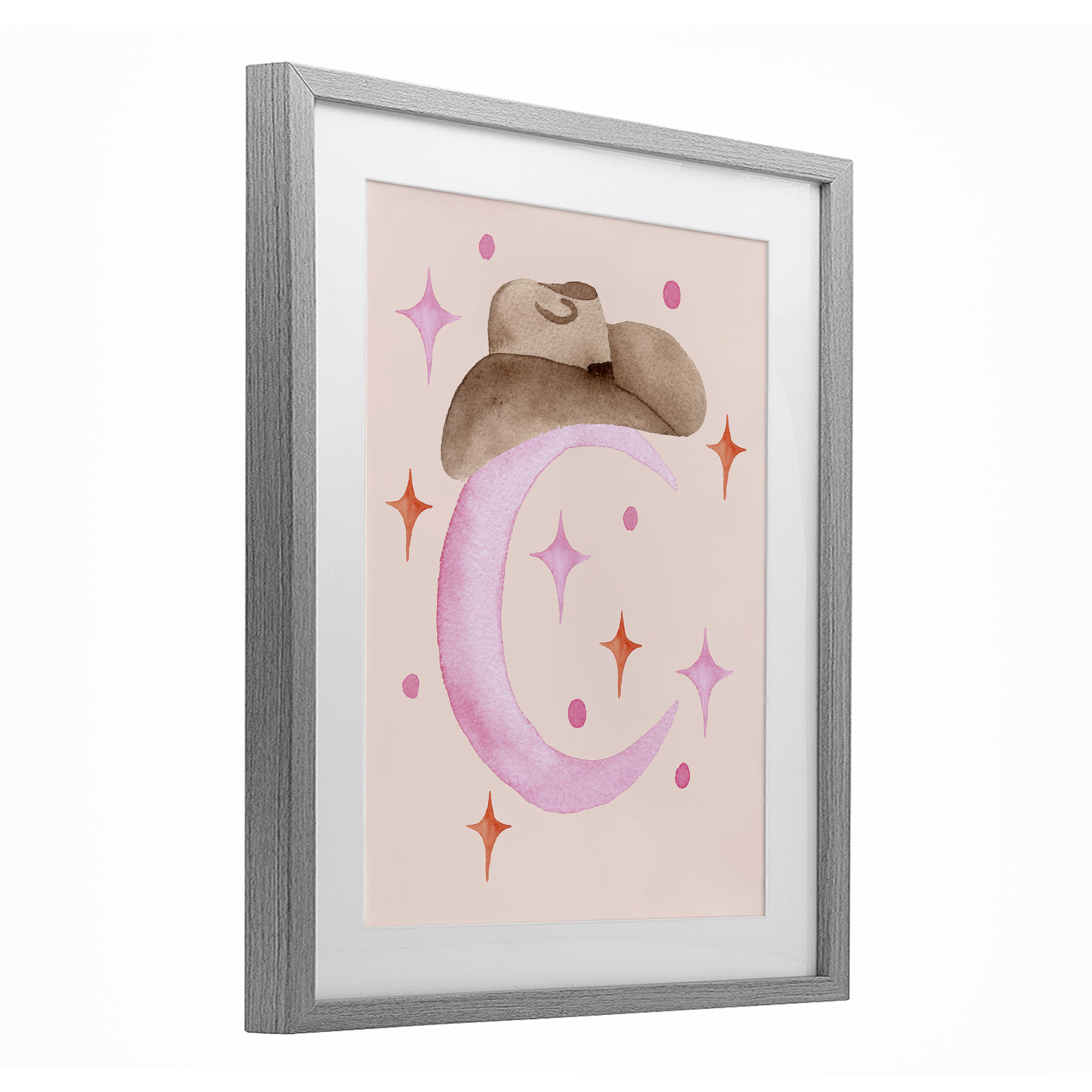 Moon Cowgirl Hat Gray Framed Print Under Glass, design by Nina Jacobs