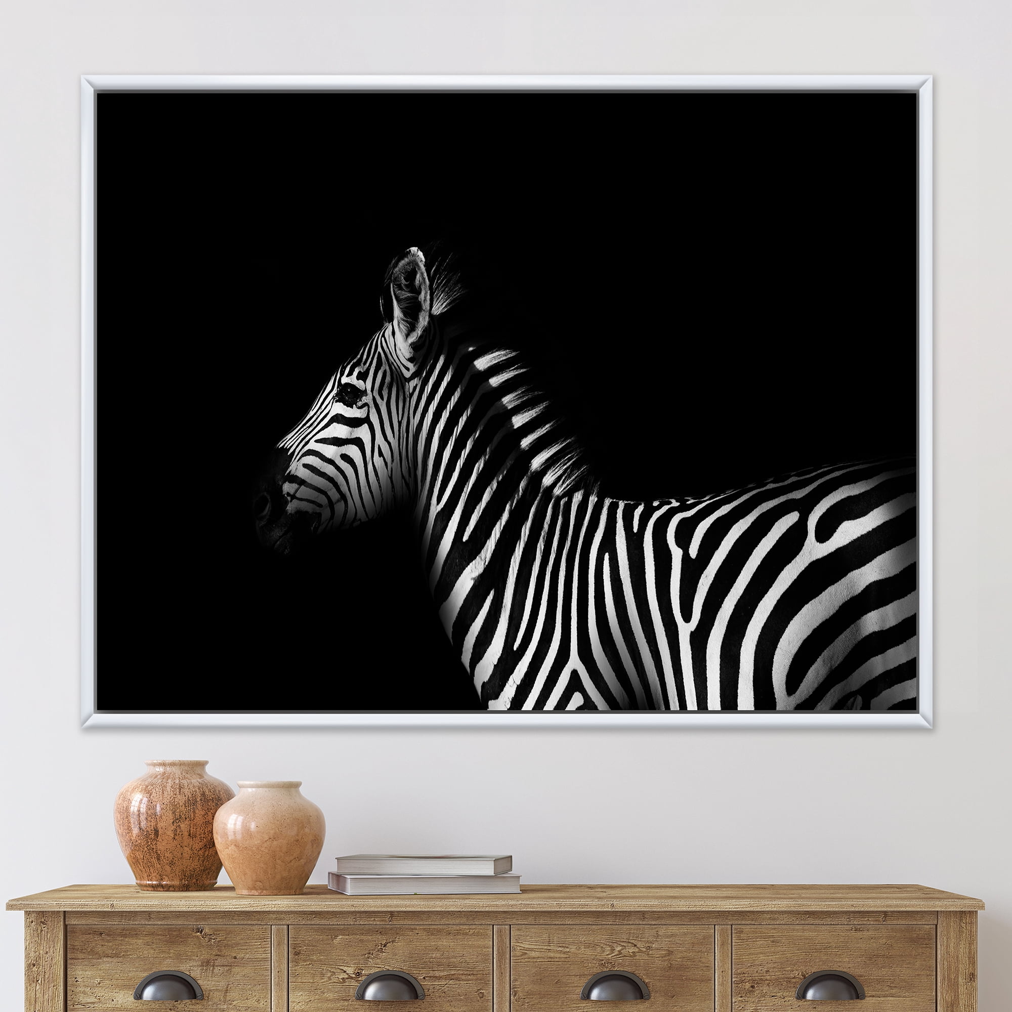 Designart 'Sideview Of Zebra In White and Black' Farmhouse Framed Canvas Wall Art Print