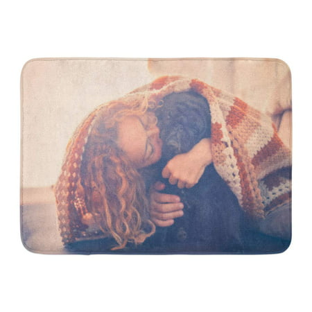 GODPOK Hidden and Covered Under Sheet Love Scene from Woman with Curl Hair and Her Black Dog Pug Sit Down Brown Rug Doormat Bath Mat 23.6x15.7