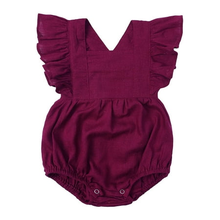 

QISIWOLE Toddler Baby Girls Fashion Cute Solid Color Cotton Linen Ruffles Backless Jumpsuit Romper Deals