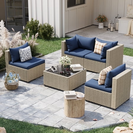 POTEBAN 5 Pieces Outdoor Patio Furniture Set Outdoor Wicker Patio Conversation Set with Cushions for Backyard Porch Garden(Navy Blue)