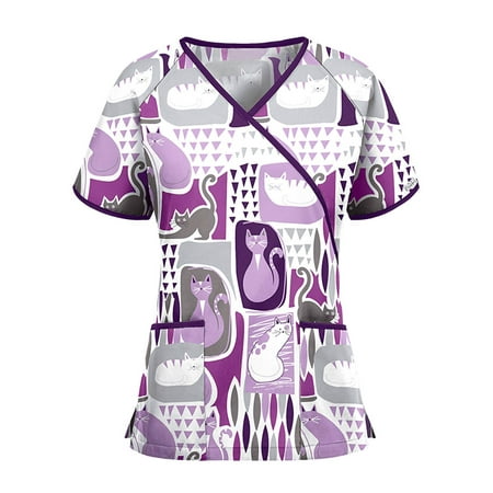 

Colisha Women Scrub Top Summer V-neck Casual Baggy Short Sleeve Blouse Casual Floral Print Blouse Tee Shirt Top