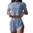 thumbnail image 4 of Jamicy Women's Pajamas Set Solid Color Casual Sleepwear Tee Shirts and Shorts Side Slit Crewneck Loungewear Two-Piece Set for Home Wear, 4 of 9
